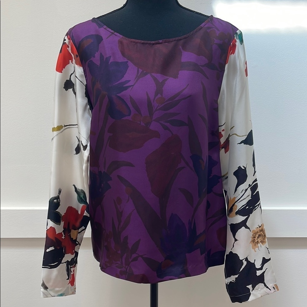 DRIES VAN NOTEN 100% Silk Floral Blouse Purple White Size 40 M-L